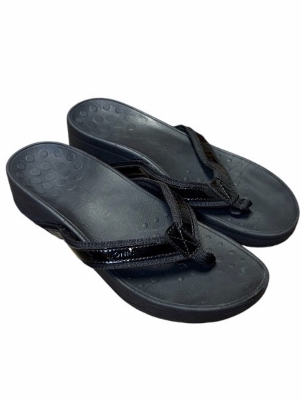 Vionic High Tide II Black Leather Platform Flip-flops Orthotic Womens 10